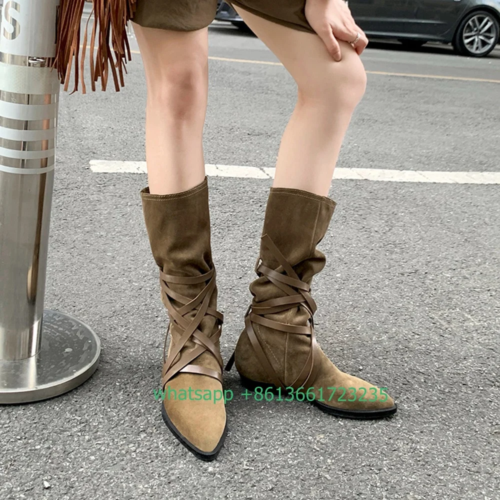 

Cavalier Boots Women 2022 New Retro Style Lace Up Western Cowboy Boots Pointed Toe Low Heeled High Boots Suede Lining Winter