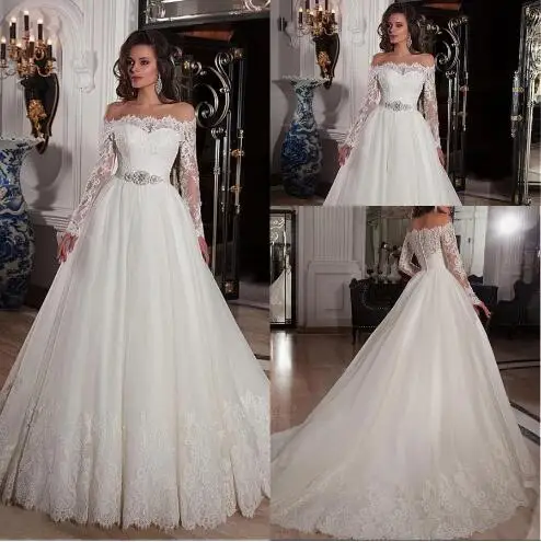 Boat Neck Tulle With Applique Lace A-line Long Sleeve Wedding Dress With Crystal Belt casamento Bride Dress 2022
Boat Neck Tulle With Applique Lace A-line Long Sleeve Wedding Dress With Crystal Belt casamento Bride Dress 2022