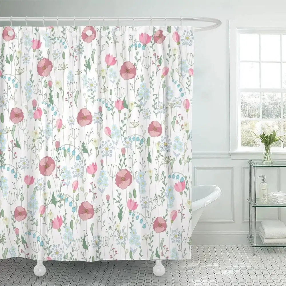 

Flora Vintage Floral Pattern Herbs and Wild Flowers Botanical Engraving Style Colorful Victorian Boho Shower Curtain Waterproof