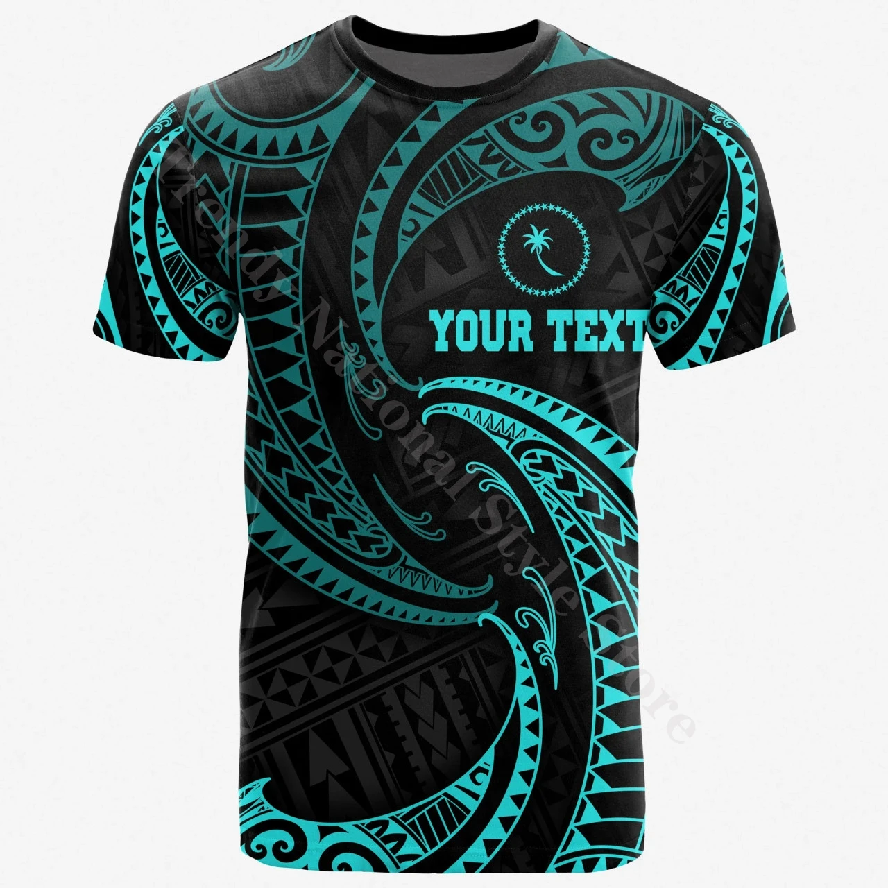 

Chuuk Micronesia Personalized T-Shirt - Neon Blue Tribal Wave Printed Summer Crewneck Top for Men and Women