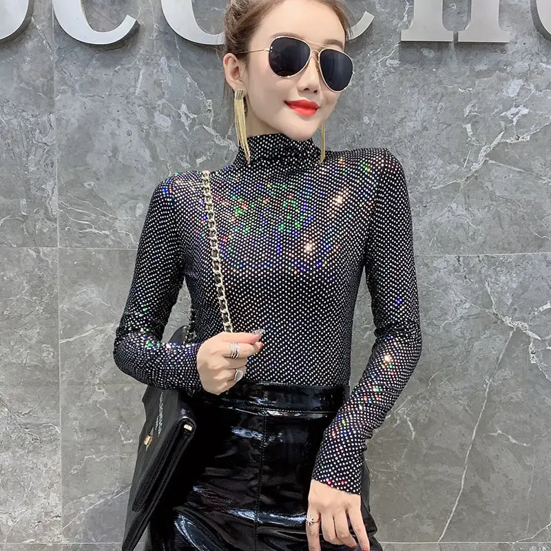 Spring Autumn Women's Turtleneck Tops Long Sleeve Elastic Bottoming T-Shirt Sexy Shiny Korean Sequined T Shirt Woman Tees Shirt
Spring Autumn Women's Turtleneck Tops Long Sleeve Elastic Bottoming T-Shirt Sexy Shiny Korean Sequined T Shirt Woman Tees Shirt