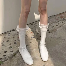 1 Pair Spring Summer Double Layered New 3D Ruffle Middle Tube Socks Ins Style Simplicity Solid Color Decorative Mid Tube Socks