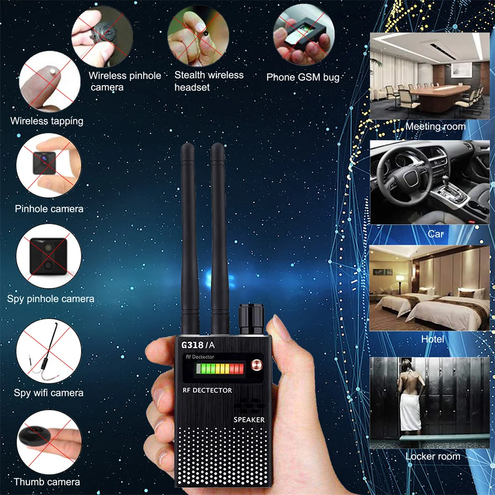 

Dual Antenna Professional RF Signal Detector Anti Spy Camera Detector Eavesdropping Pinhole Audio Bug GPS GSM Device Finder