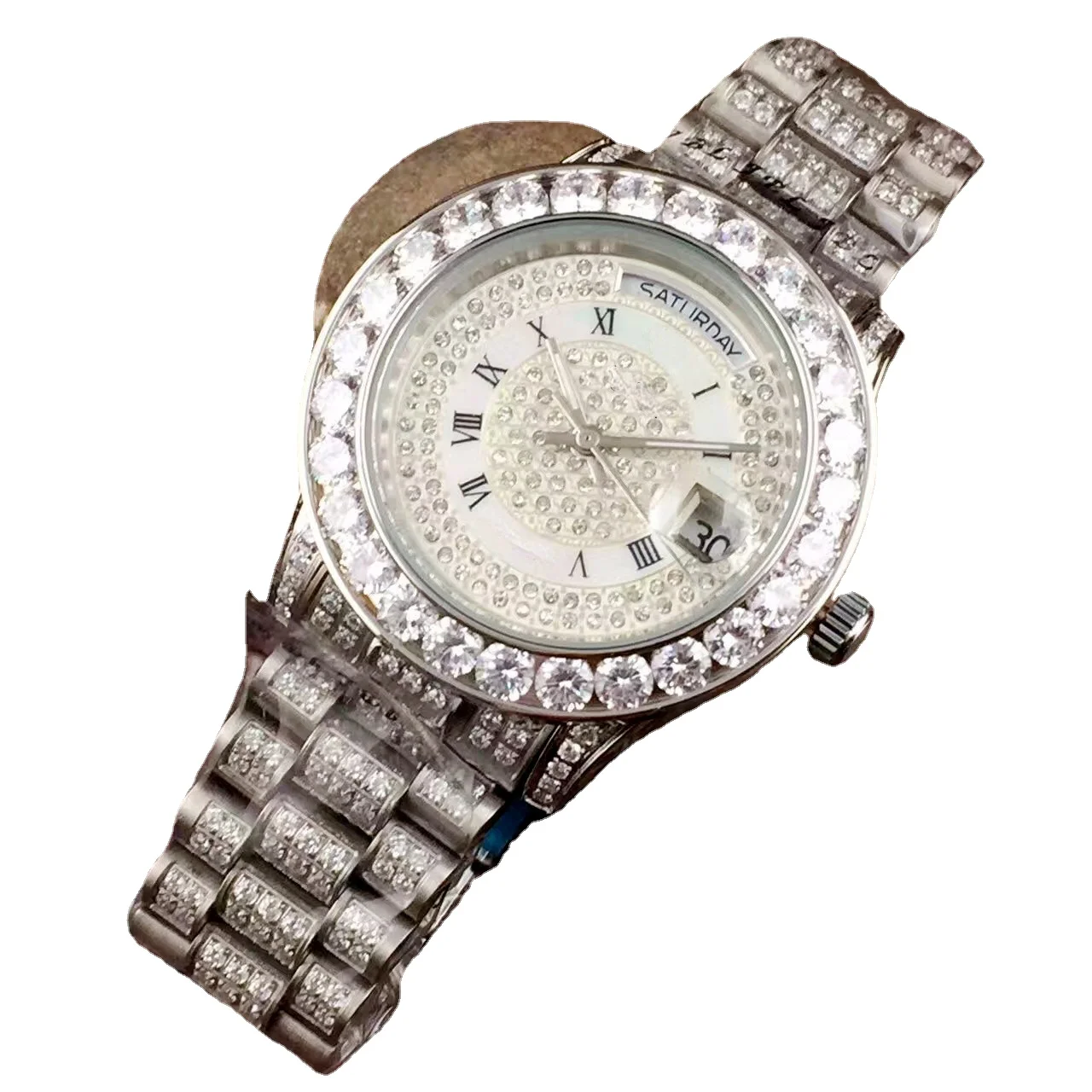 High-Top Men's Daydate Silver White Full Iced Diamonds Watch Mechanical Automatic Stainless Steel Sapphire Roman
High-Top Men's Daydate Silver White Full Iced Diamonds Watch Mechanical Automatic Stainless Steel Sapphire Roman