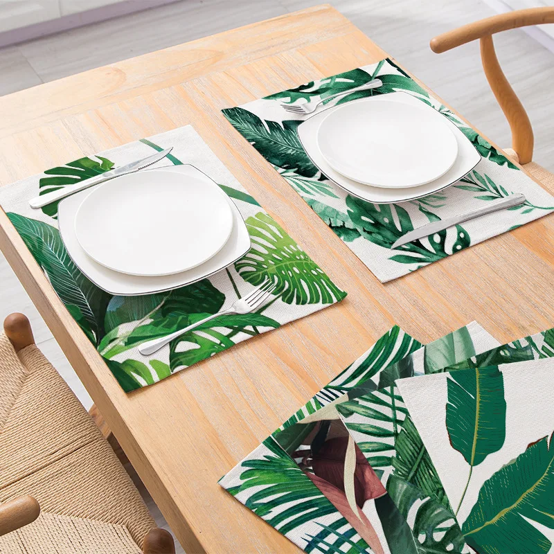 

Tropical Green Palm Leaf Dining Table Mat Non-slip Heat Resistant Linen Placemat For Table Drink Cup Coaster Kitchen Accessories