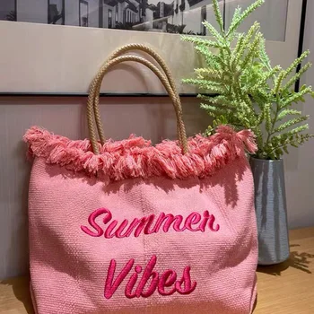 Women Designer Pink Canvas Tassels Tote Shoulder Bags Knitting Cloth Embroidered Letters Handbags Female Summer Travel Beach Bag