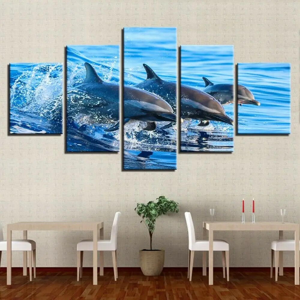 

Dolphins Ocean Animals Poster 5 Panel Canvas Print Wall Art Home Decor HD Print Pictures No Framed 5 Piece Room Decor Paintings