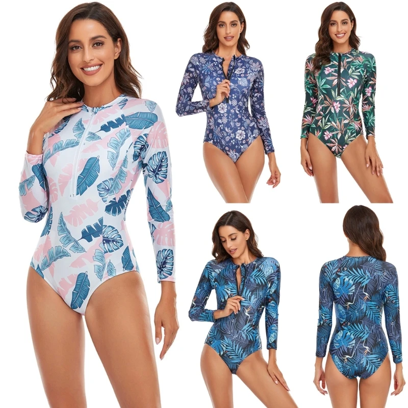 

Womens Long Sleeves Swimsuits One Piece Rash Guard Floral Print Bathing Suit Zipper Wetsuit Swimwear for Surfing Diving 69HD