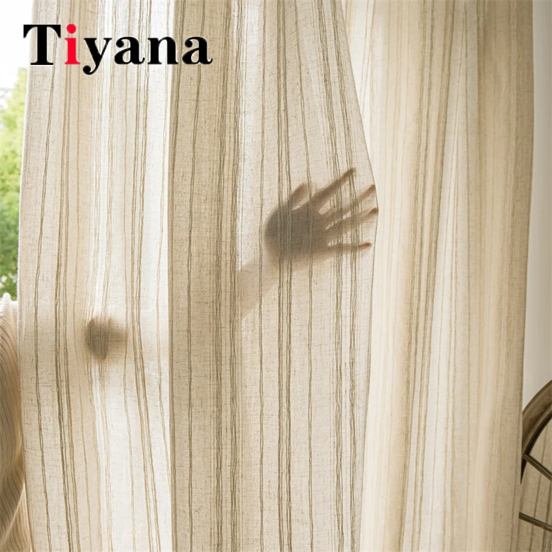 

Japanese Retro Beige Linen Stripe Curtains Living Room Balcony Bay Window Sheer Tulle Curtain For Bedroom Valance Voile Drapes