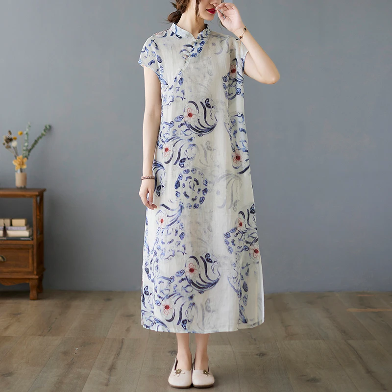 Summer Women Knee Length Chinese Style Cotton Linen Dress New Arrival Printed Floral Cheongsam Dresses Female Casual Long Robes
Summer Women Knee Length Chinese Style Cotton Linen Dress New Arrival Printed Floral Cheongsam Dresses Female Casual Long Robes