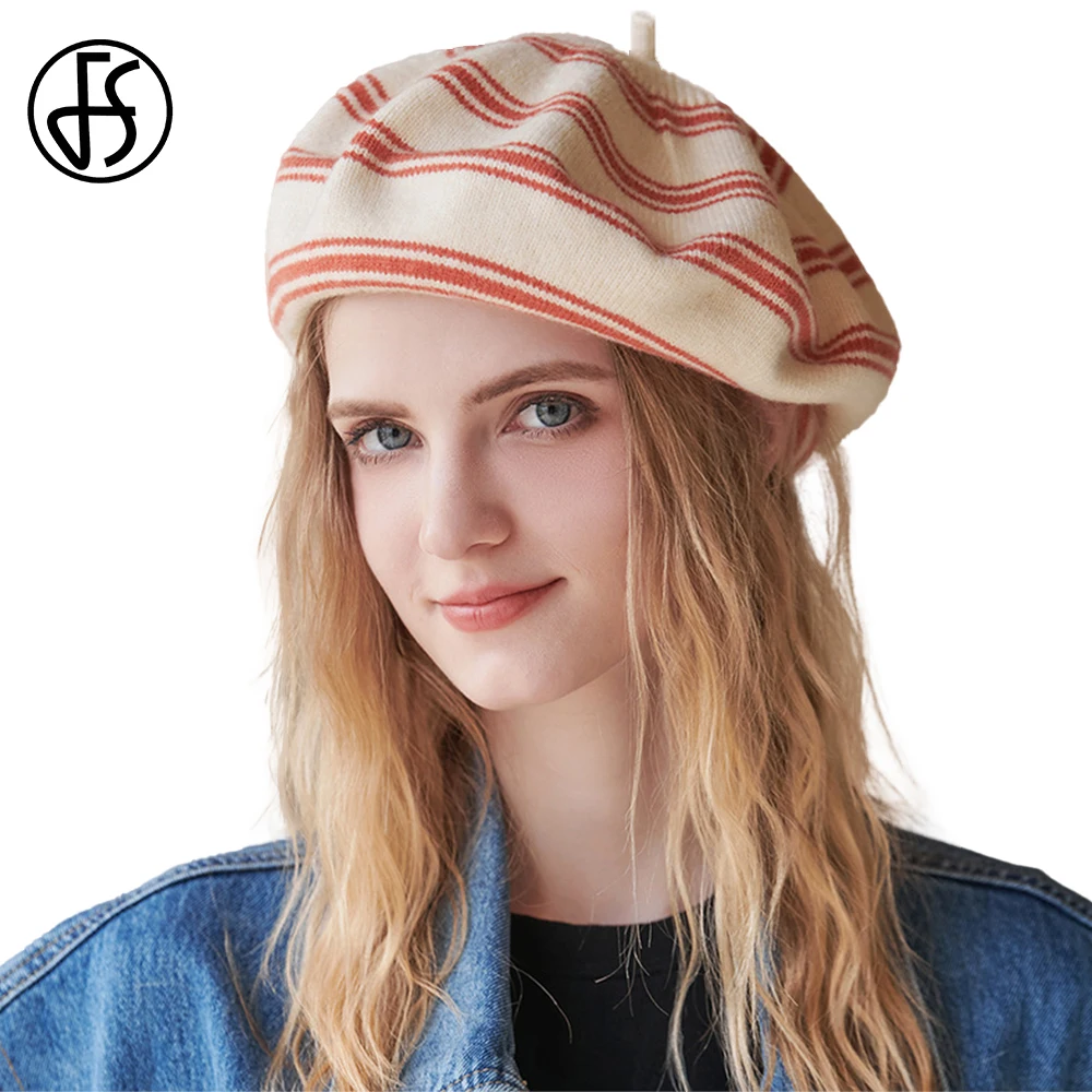 FS Casual Versatile Wool Beret Hats For Women Patchwork Color Stripe Knit Cap Lady Autumn Winter Windproof Floppy Fedoras Female
FS Casual Versatile Wool Beret Hats For Women Patchwork Color Stripe Knit Cap Lady Autumn Winter Windproof Floppy Fedoras Female
