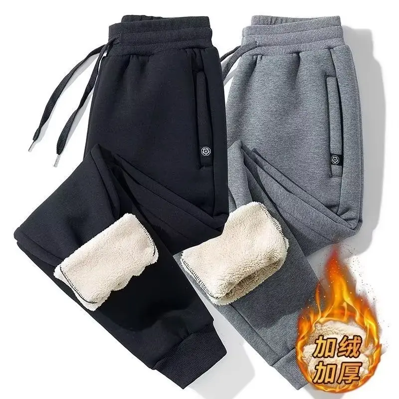 

Зимние плюшевые и утепленные повседневные спортивные брюки для мужчин из овечьей шерсти, кашемировые теплые и свободные облегающие длинные брюки с очень толстыми искусственными брюками