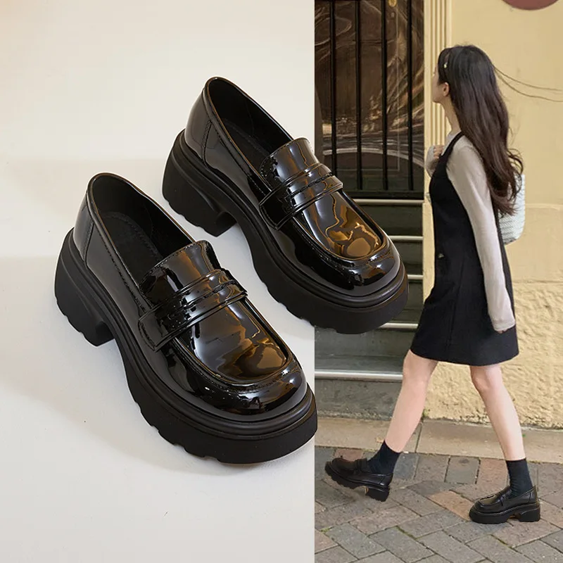 

Genuine leather British small leather shoes for women 2023 new thick soled muffin loafers for women black college style shoe