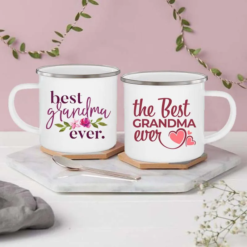 

The Best Grandma Ever Print Coffee Mug Vintage Enamel Mugs Drink Milk Juice Water Handle Cup Granny Birthday Mother's Day Gifts