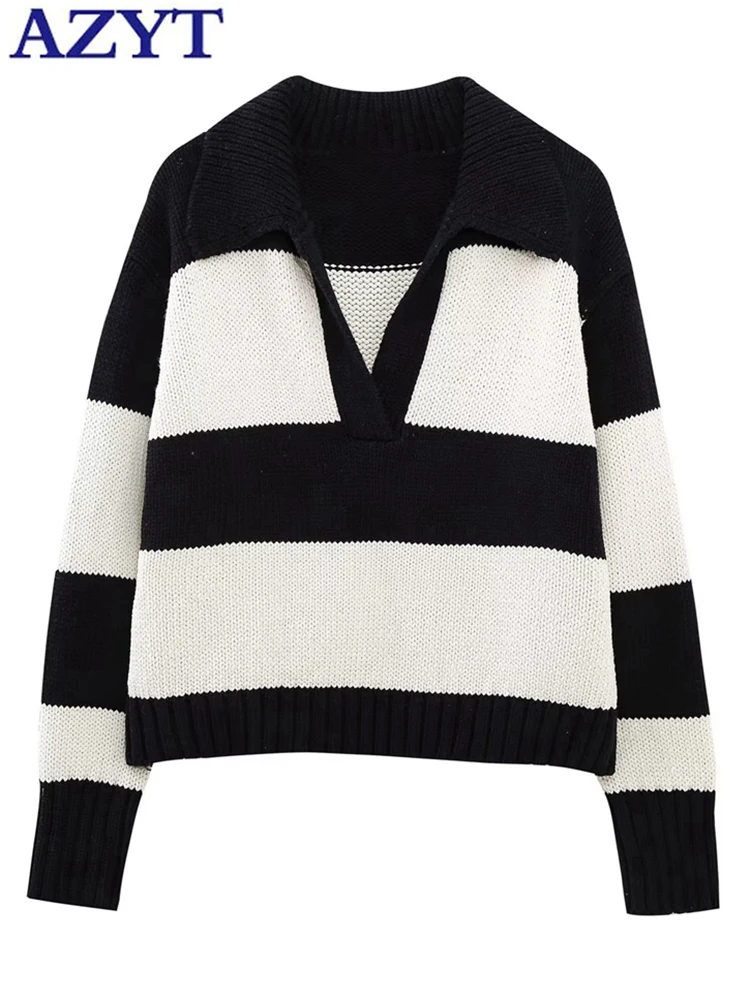 AZYT 2023 Spring New Women Striped Sweater Turn Down Collar Loose Knit Pullovers For Women Casual Knitted Jumper Female Tops
AZYT 2023 Spring New Women Striped Sweater Turn Down Collar Loose Knit Pullovers For Women Casual Knitted Jumper Female Tops