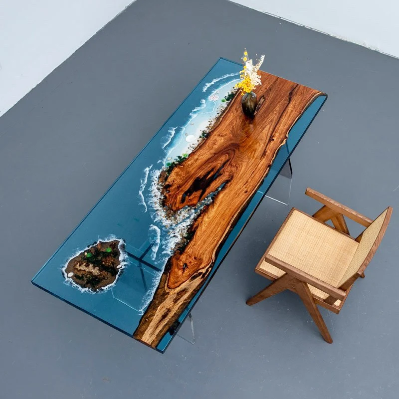 

Modern epoxy resin river tabletop solid wood board wave log table creative tea table whole board furniture customization