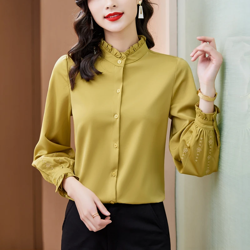 2022 spring new fashion long-sleeved lotus leaf fungus edge stand collar embroidered satin womens tops button up shirt
2022 spring new fashion long-sleeved lotus leaf fungus edge stand collar embroidered satin womens tops button up shirt