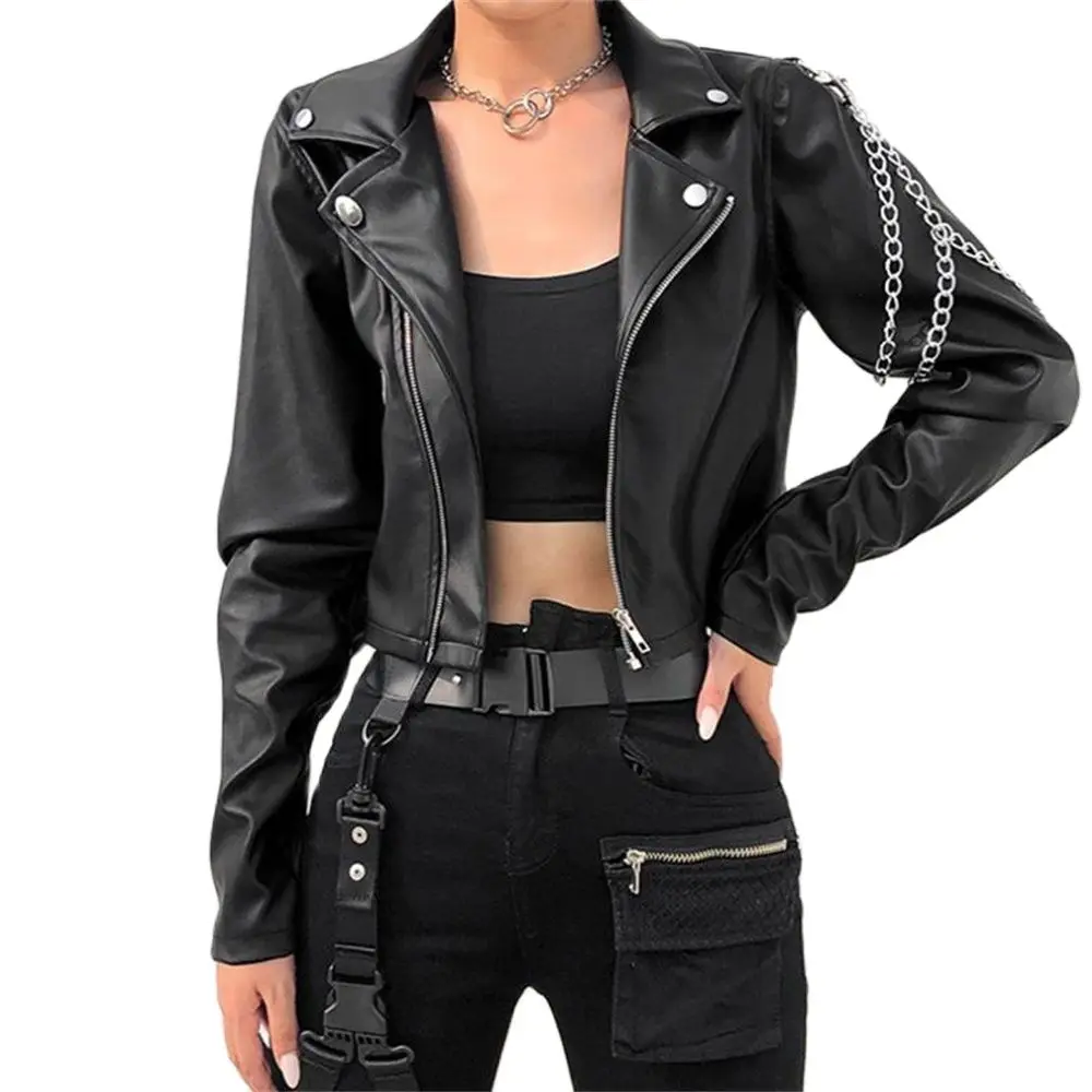 

Vangull Faux Leather Cropped Jackets Women Punk Harajuku Black Coat Woman Gothic Long Sleeve Overcoat With Chains Outwears Tops