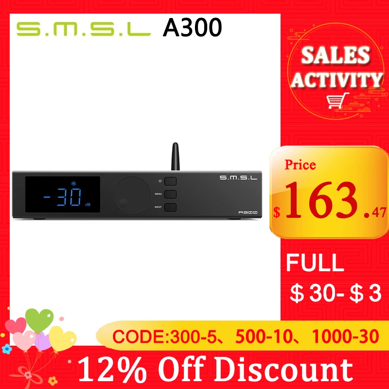 SMSL A300 Hi-res Bluetooth 5.0 Power Amplifier 2.1 audio system 165W*2 BTL 330W SDB patented sound effects Subwoofers HIFI AMP
SMSL A300 Hi-res Bluetooth 5.0 Power Amplifier 2.1 audio system 165W*2 BTL 330W SDB patented sound effects Subwoofers HIFI AMP