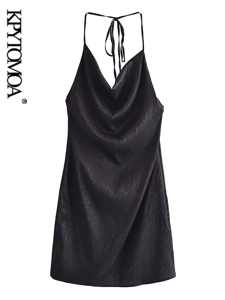 

KPYTOMOA Women Fashion With Flowing Neck Satin Mini Dress Vintage Backless Side Zipper Tied Thin Straps Female Dresses Vestidos