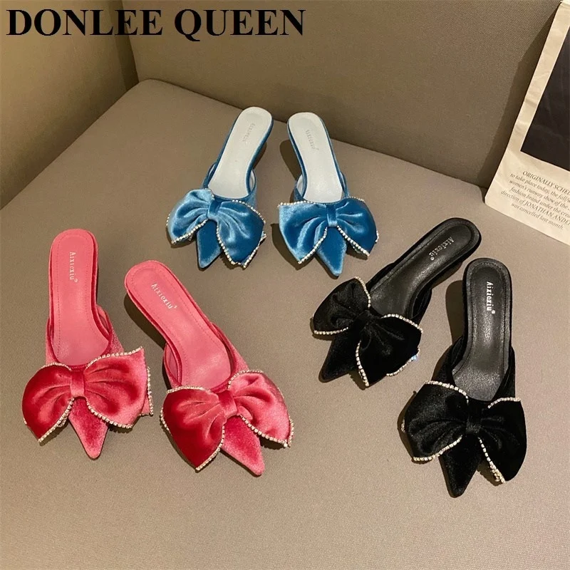 

Brand Low Heels Mule Shoes Women Slip On Slides Elegant Velvet Butterfly-knot Pointed Toe Outdoor Slippers Party Shoes Sandalias