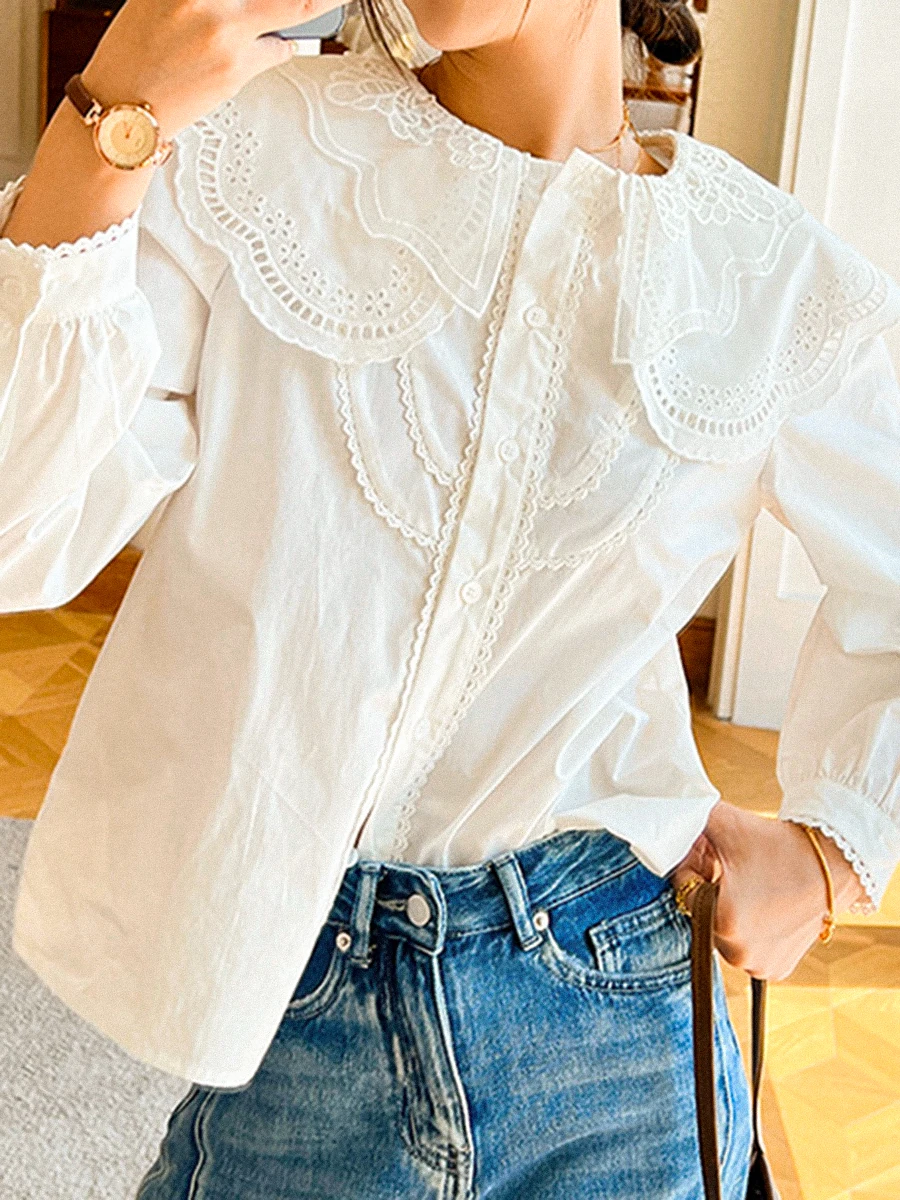 Lace Embroidery Shirt Woman 2022 Spring Autumn Peter Pan Collar Puff Sleeve Blouses Top Elegant Vintage Female Chemises Huats
Lace Embroidery Shirt Woman 2022 Spring Autumn Peter Pan Collar Puff Sleeve Blouses Top Elegant Vintage Female Chemises Huats