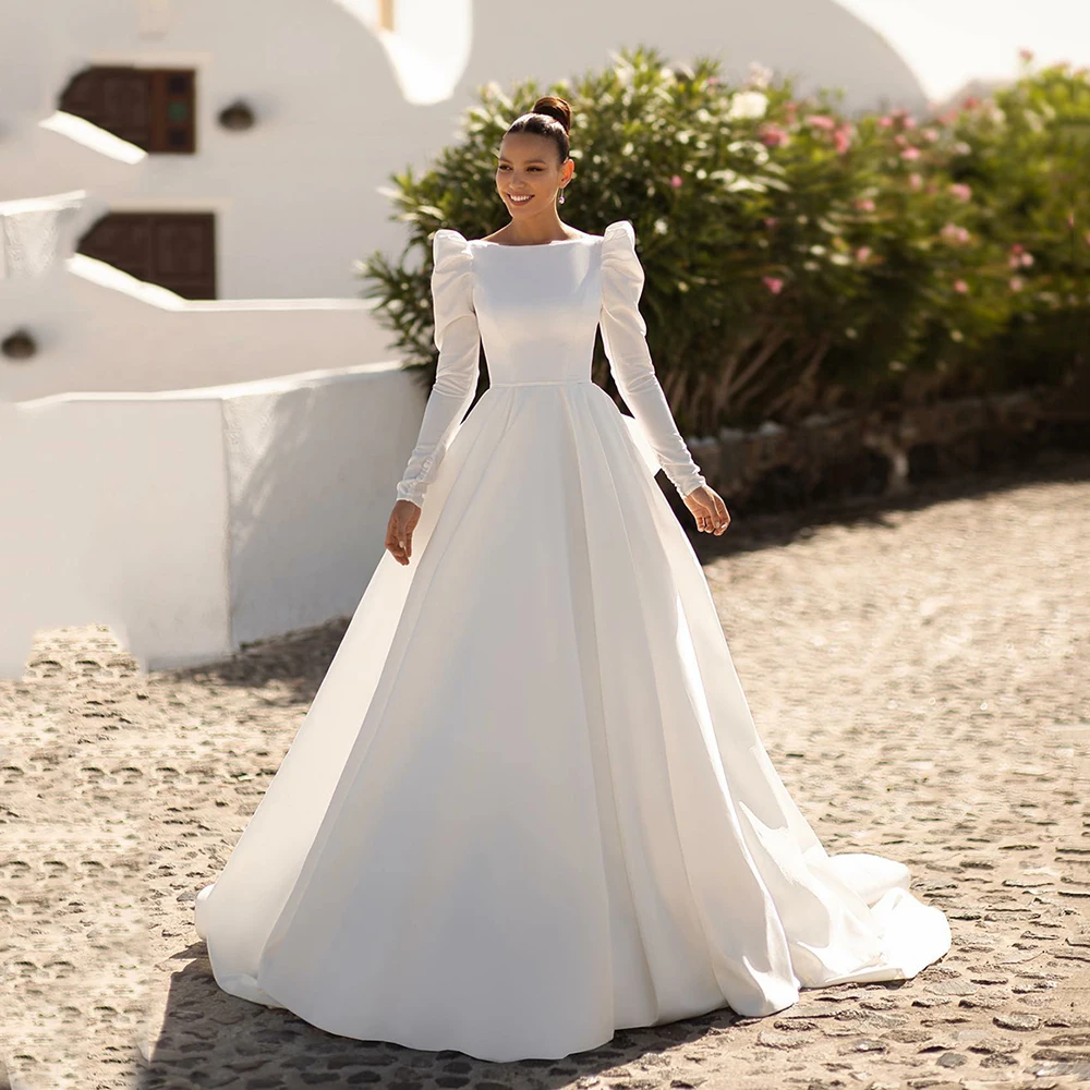 Simple Puffy Sleeves Wedding Dresses For Women A Line Satin Scoop Neck Backless Bridal Gowns Elegant Bowtie Robe De Mariée 2024 
Simple Puffy Sleeves Wedding Dresses For Women A Line Satin Scoop Neck Backless Bridal Gowns Elegant Bowtie Robe De Mariée 2024