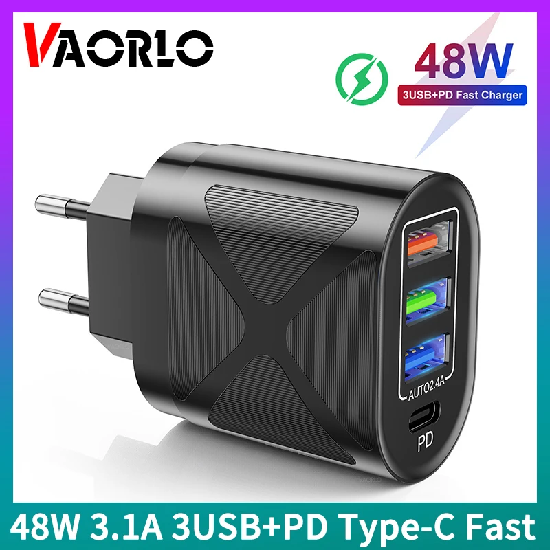 VAORLO 48 Вт 3.1A 3USB + PD Type-C быстрое зарядное устройство 4 порта зарядный кабель EU/US/UK