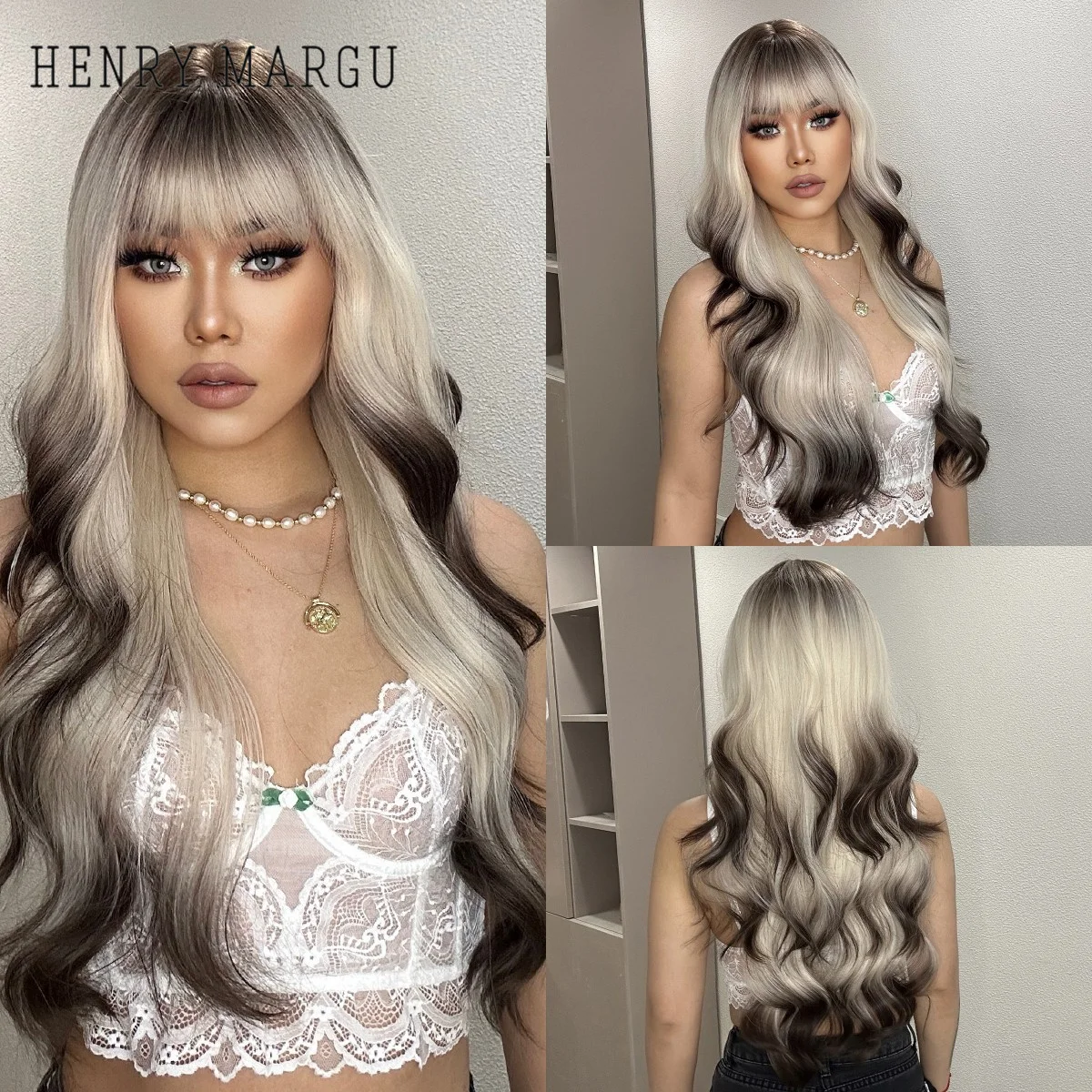 

Platinum Blonde Ombre Brown Black Synthetic Long Wavy Wigs for Women with Bangs Natural Wave Daily Cosplay Daily Heat Resistant