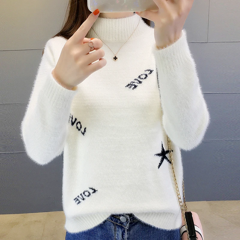 Winter Warm Half Turtleneck Letter Embroidery Sweater Women Casual Lmitated Mink Wool Knitted Pullover Korean Style Tops
Winter Warm Half Turtleneck Letter Embroidery Sweater Women Casual Lmitated Mink Wool Knitted Pullover Korean Style Tops
