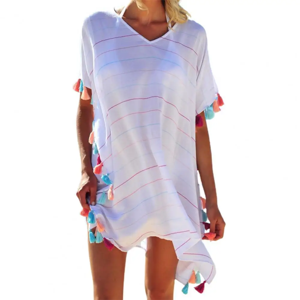 Summer Women Cover Up Dress Striped V-neck Short Sleeve Side Split Sunscreen Dress Tassel Ball Swimwear Cover Up for Beach
Summer Women Cover Up Dress Striped V-neck Short Sleeve Side Split Sunscreen Dress Tassel Ball Swimwear Cover Up for Beach