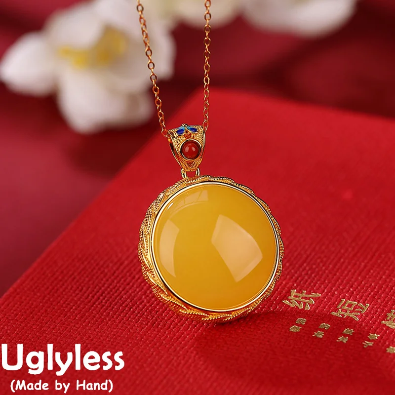 

Uglyless Luxury Beeswax Amber Necklaces for Women 925 Silver Blank Gemstones Jewelry 925 Silver Simple Beeswax Jewelry NO Chains