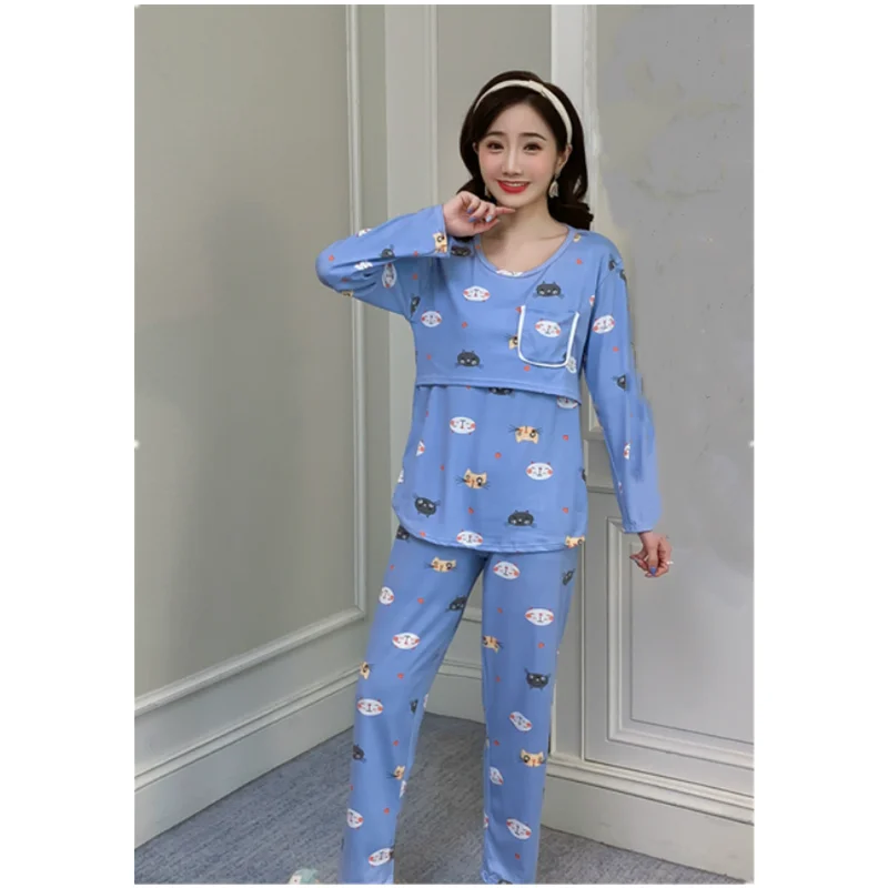 Фото Breastfeeding Maternity Women Nightgown 2022 Spring Long Sleeve Top+Pant 2pcs Nursing Pajama For Pregnancy Sleepwear D0073 - купить по