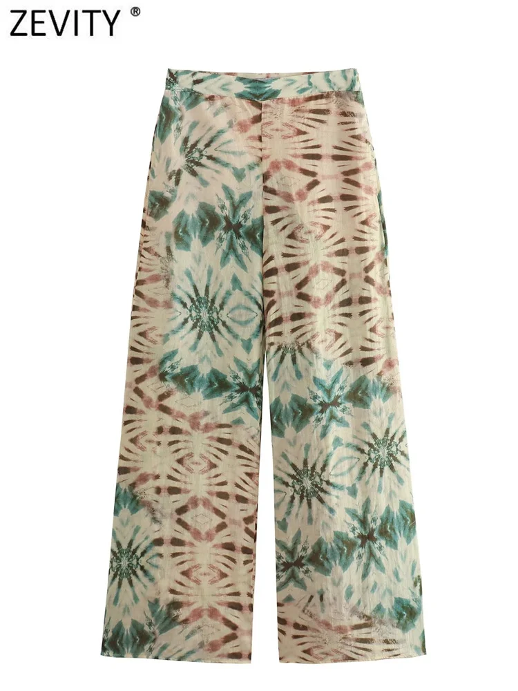 

Zevity 2023 новые женские модные с тропическими листьями пэчворк Принт широкие брюки женские шикарные с боковой молнией летние длинные брюки P4631