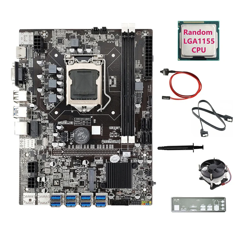 B75 8USB ETH Mining Motherboard+Random CPU+Fan+Switch Cable+SATA Cable+Baffle+Thermal Grease B75 BTC Miner Motherboard
B75 8USB ETH Mining Motherboard+Random CPU+Fan+Switch Cable+SATA Cable+Baffle+Thermal Grease B75 BTC Miner Motherboard