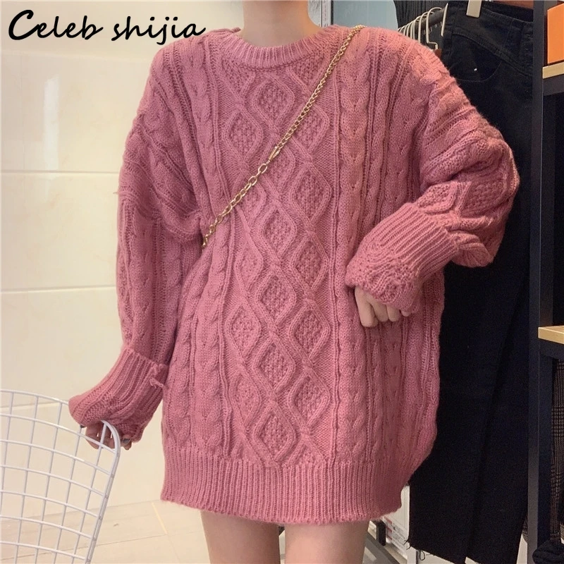 

SHIJIA Long Sweater Cross Lattice Autumn 2023 O Neck Red Knitted Tops Korean Thick Long Sleeve Jumper Fall Sweaters for Women
