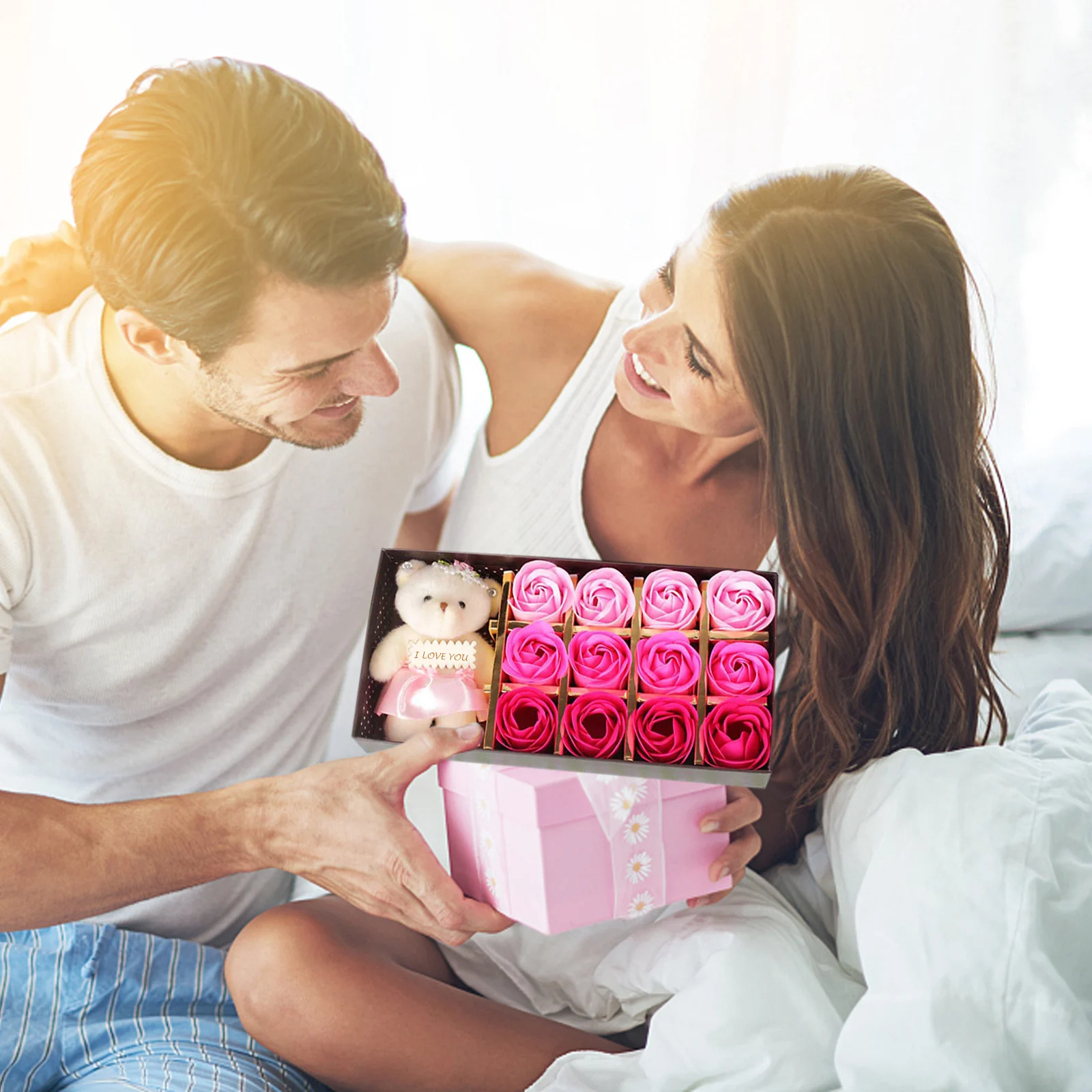 

Valentines Day Rose Gift for Women 12 Pcs Artificial Soap Roses with Bear in Box for Her For Wedding Girlfriend Mothers Day