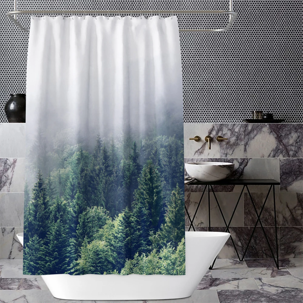 

Misty Pine Forest Print Shower Curtain Natural Scenery Bath Curtain Waterproof Fabric Bathroom Curtain for Home Decor Cortina