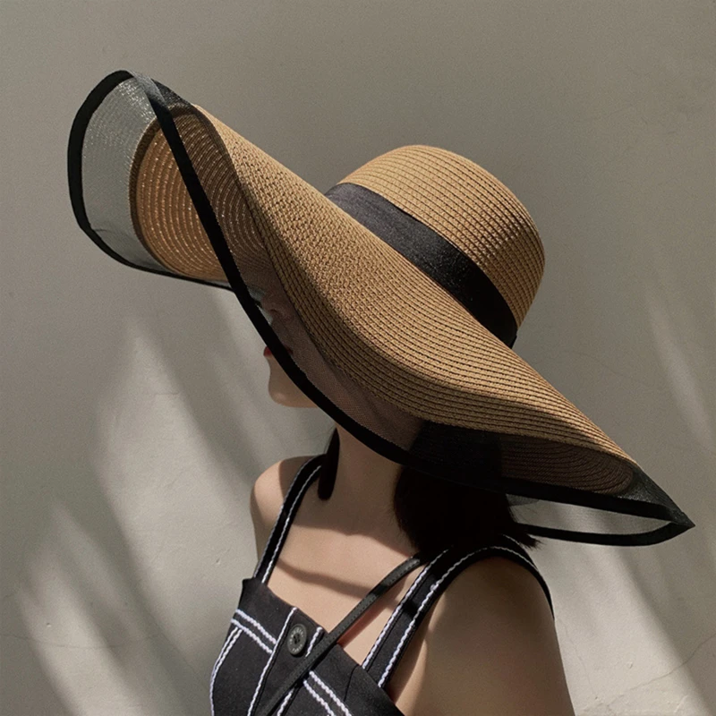 

Шляпа женская Соломенная с большими полями, элегантная пляжная Панама из органзы, тонкий солнцезащитный козырек от солнца, для отдыха на лето