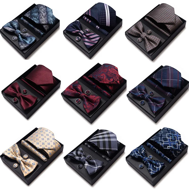 

Men's Luxurious Wedding Bowtie Set Blue Black Cashew Printed Ties Handkerchief Cufflinks Bussiness Neckties Butterfly Bow Suit