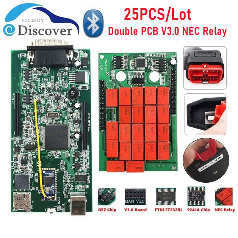 

25PCS/Lot Free Keygen TCS PRO 2020.23 Bluetooth Double PCB Green V3.0 Board NEC Relay Real 9241A Chip FTDI Multidiag Pro+