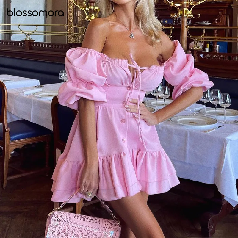 Blossomora Pink Lace Up Beach Sexy Mini Dress Vintage Short Sleeve Slash Neck Night Club Female Summer Vestidos for Women 2022 
Blossomora Pink Lace Up Beach Sexy Mini Dress Vintage Short Sleeve Slash Neck Night Club Female Summer Vestidos for Women 2022