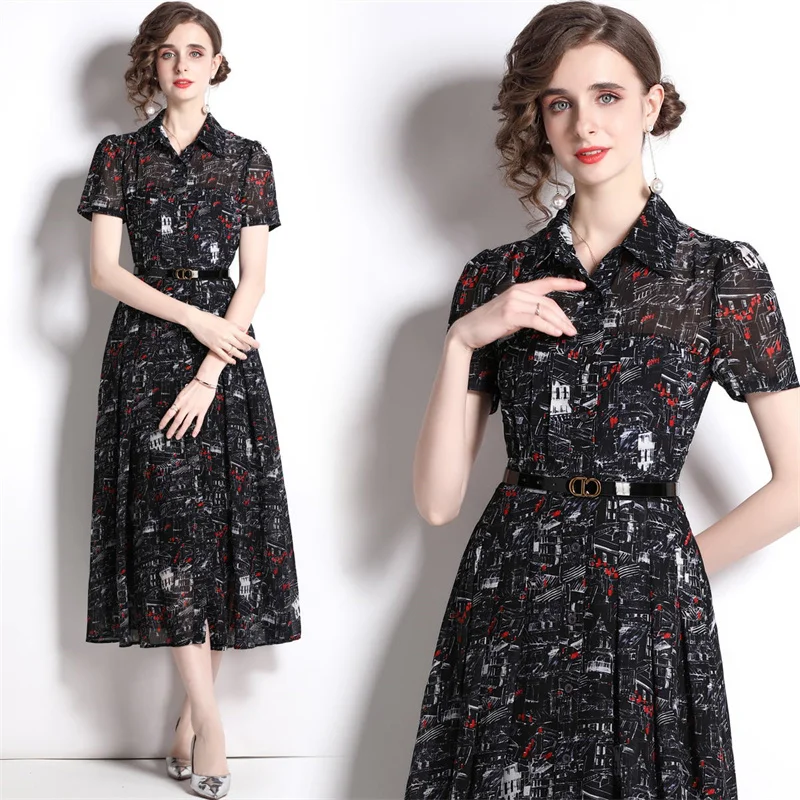 French Occident Office Lady Dresses Polo Neck Black Color Single Breasted T-shirt Shirts New Waistband Corest Big Swing Vestidos
French Occident Office Lady Dresses Polo Neck Black Color Single Breasted T-shirt Shirts New Waistband Corest Big Swing Vestidos