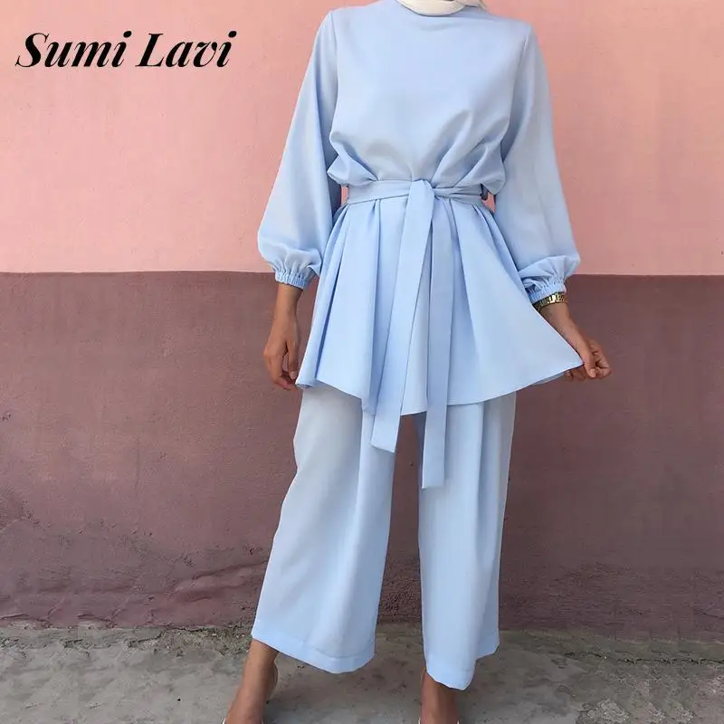 Fashion Long Sleeve Tops + Wide Leg Pants Solid 2 Piece Set Muslim Women Arab Loose Set Female Lace Up Blouses Women Set Outfits
Fashion Long Sleeve Tops + Wide Leg Pants Solid 2 Piece Set Muslim Women Arab Loose Set Female Lace Up Blouses Women Set Outfits