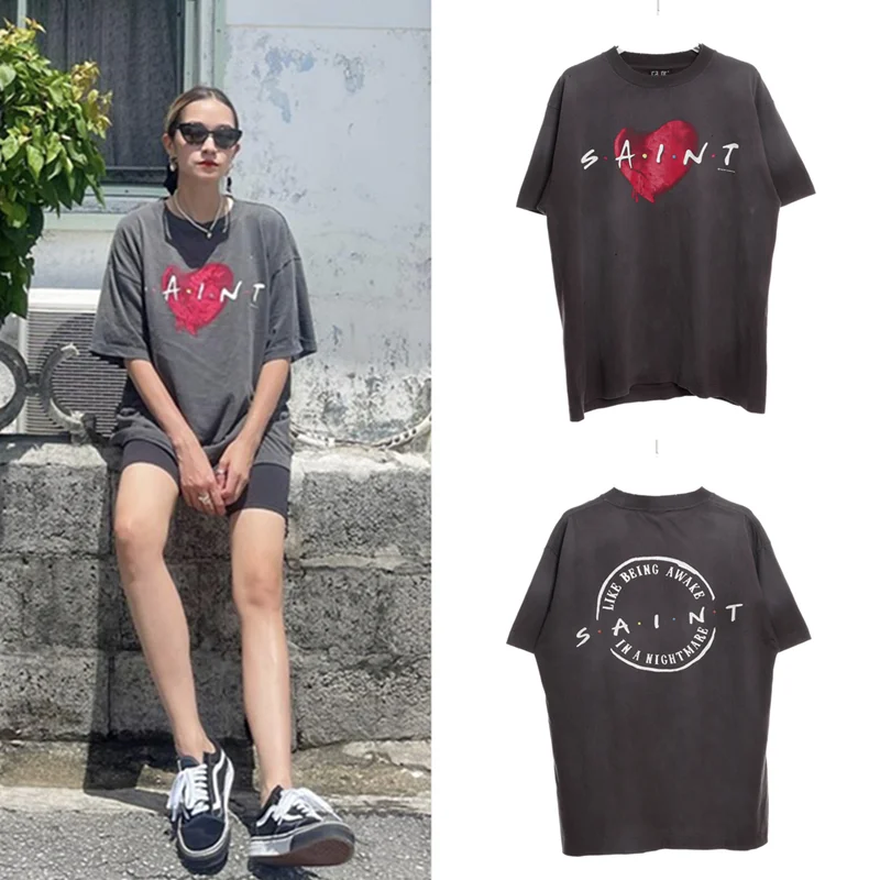 Saint Michael American retro vintage vintage fun love letter print short sleeved casual loose fitting men's and women's T-shirt
Saint Michael American retro vintage vintage fun love letter print short sleeved casual loose fitting men's and women's T-shirt