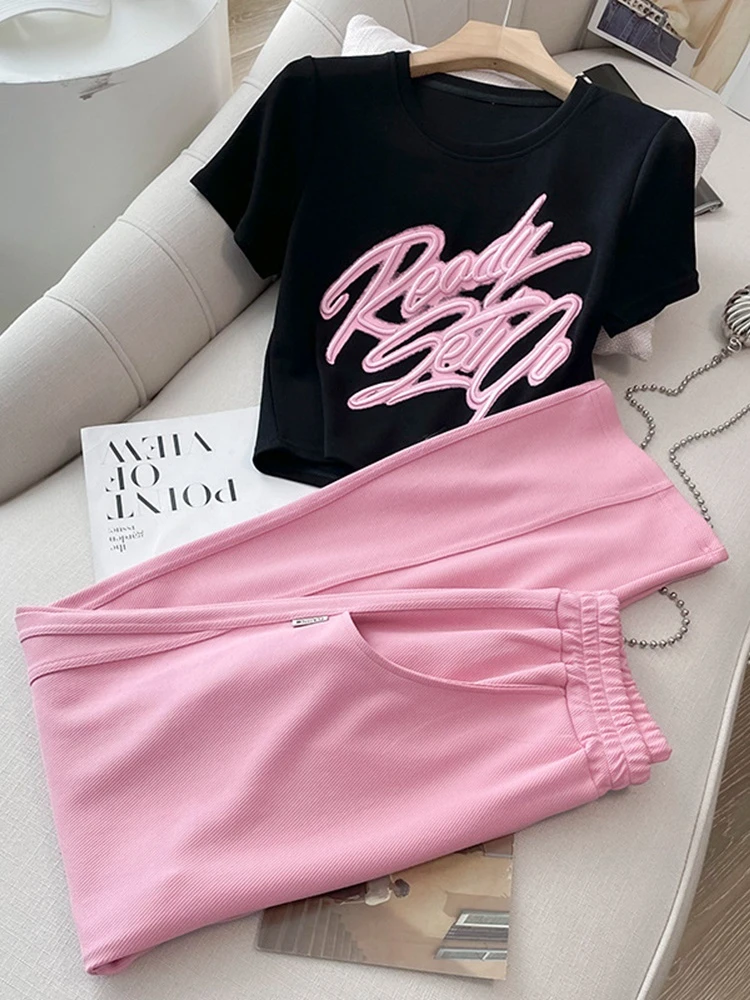 M GIRLS Fashion Sexy Short T-Shirt+Pink Wide Leg Pants Suit Women 2023 Summer Short-Sleeved Letters Casual Tracksuit 2 Piece Set
M GIRLS Fashion Sexy Short T-Shirt+Pink Wide Leg Pants Suit Women 2023 Summer Short-Sleeved Letters Casual Tracksuit 2 Piece Set