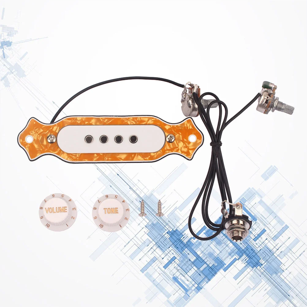 Pre-wired 4 String Electric Cigar Box Guitar Soundhole Pickup with Volume Tone Control Knob GMB343 (Yellow)
Pre-wired 4 String Electric Cigar Box Guitar Soundhole Pickup with Volume Tone Control Knob GMB343 (Yellow)