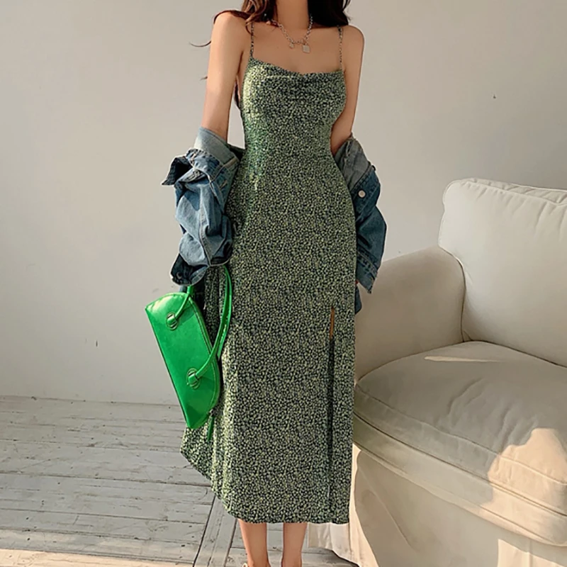 Women's New Bohemian Spaghetti Strap Dress Sleeveless Mid-Calf Backless Slim Dresses Femme O Neck Floral Slit Sling Dress Female
Women's New Bohemian Spaghetti Strap Dress Sleeveless Mid-Calf Backless Slim Dresses Femme O Neck Floral Slit Sling Dress Female