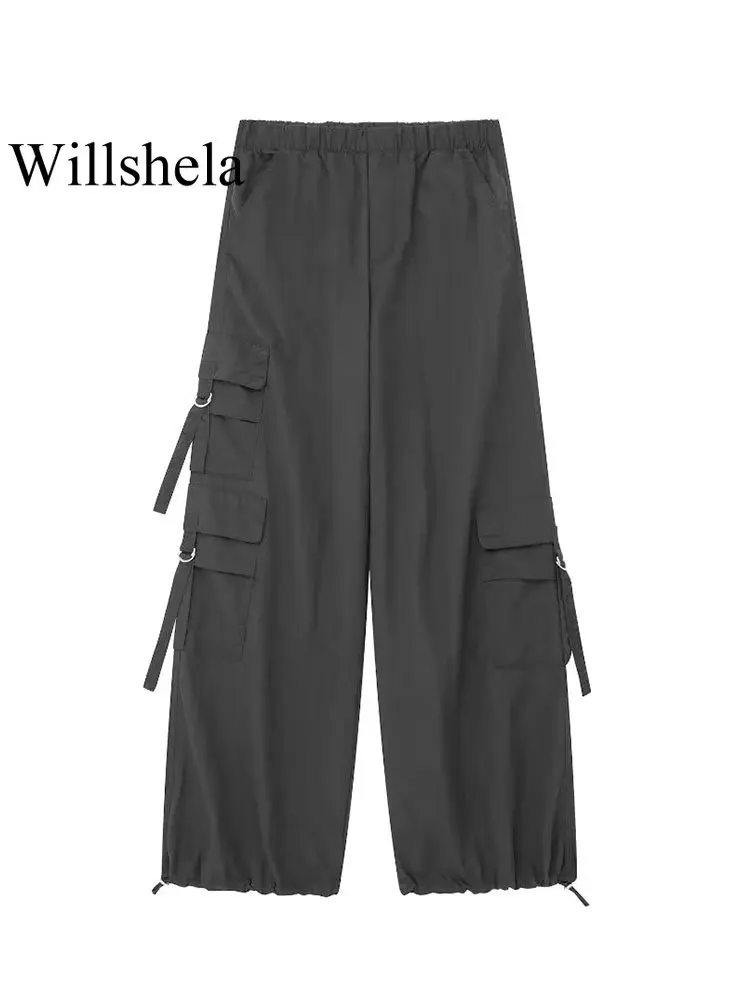 

Willshela женские модные брюки с карманами черные винтажные брюки с высокой эластичной талией Полная длина женские шикарные женские прямые брюки