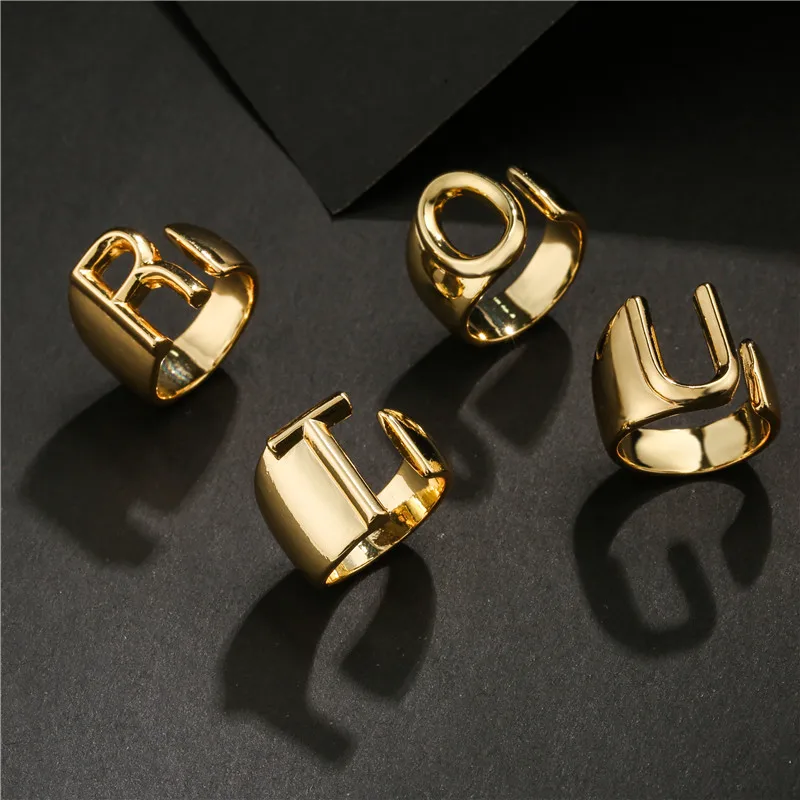 

New Trendy Hollow A-Z Letter Gold Color Metal Adjustable Opening Ring Initials Name Alphabet Female Party Chunky Wide Jewelry